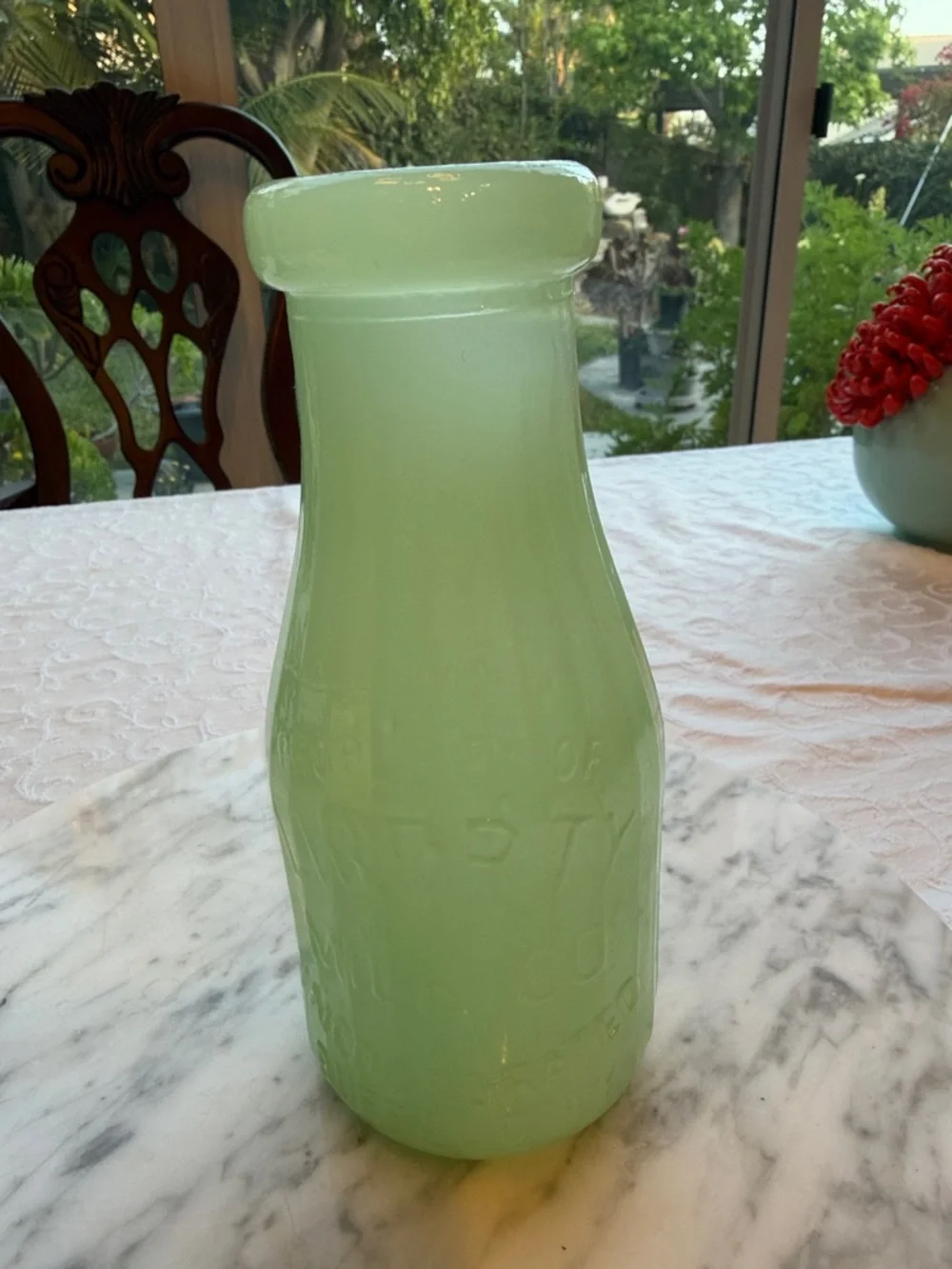 Vintage Jadeite Green Milk Glass Bottle- Property of Liberty Milk Co.